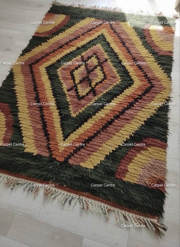 Green Moroccan Shag Rug, Hand-Knotted Wool, Geometric Diamond, Boho Style