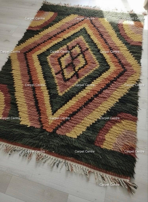 Green Moroccan Shag Rug, Hand-Knotted Wool, Geometric Diamond, Boho Style