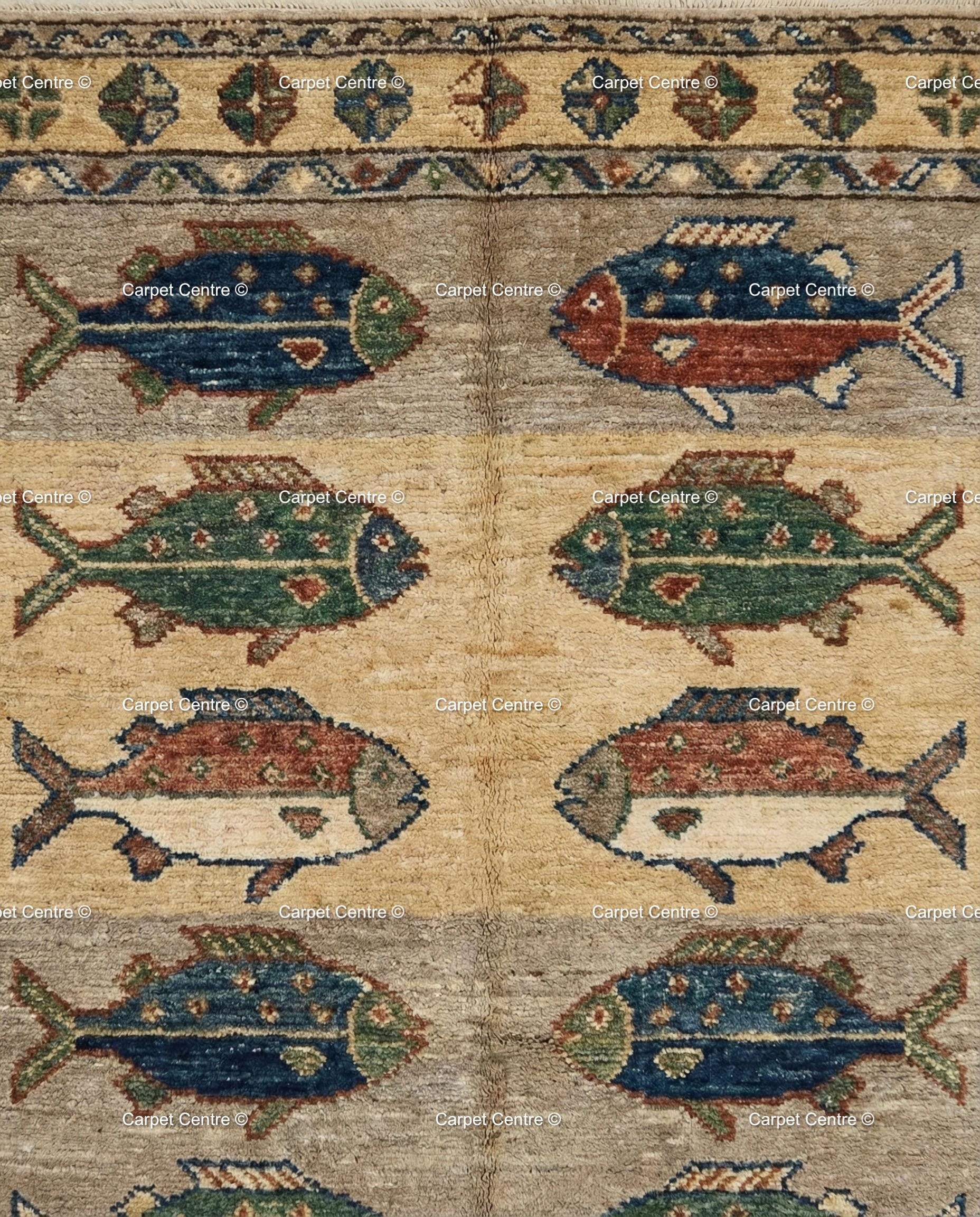 Handmade Wool Fish Rug, Turkish Oushak, Coastal Cabin Decor