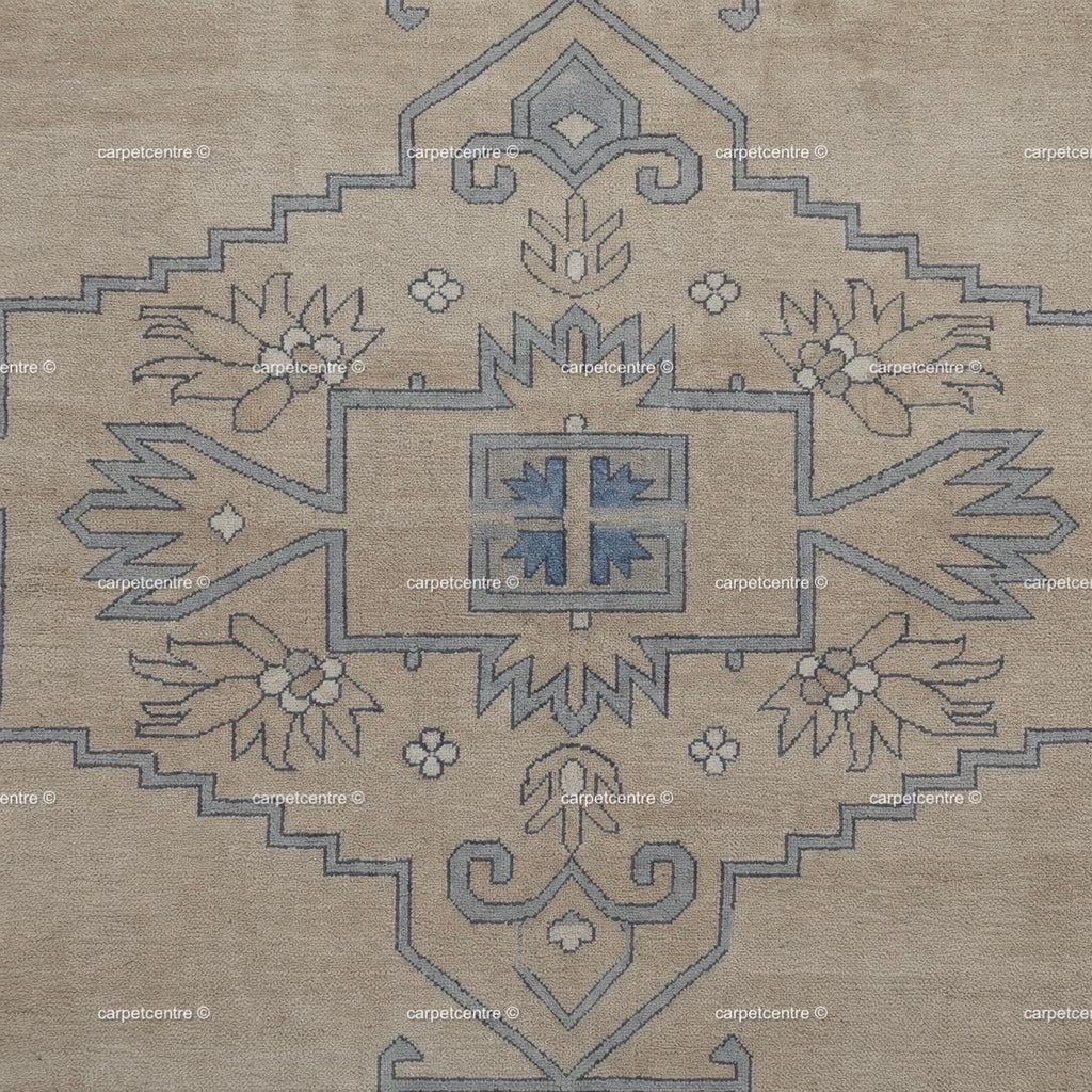 Hand Knotted Neutral Oushak Rug, Beige Blue Wool, Turkish Area Rug