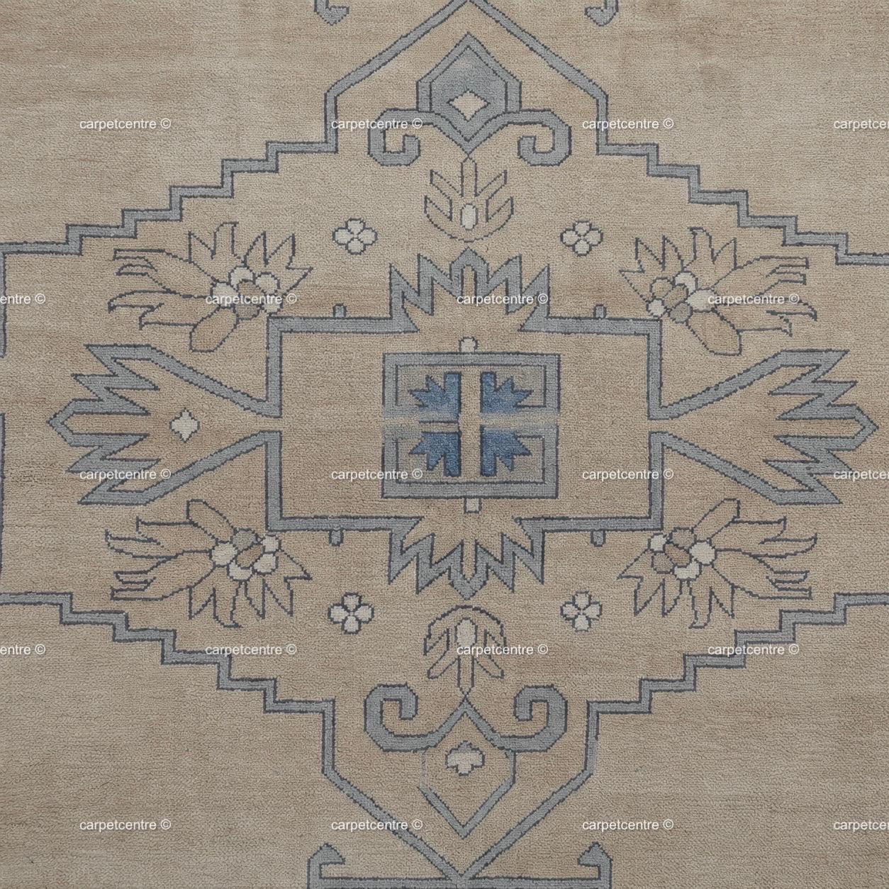 Hand Knotted Neutral Oushak Rug, Beige Blue Wool, Turkish Area Rug