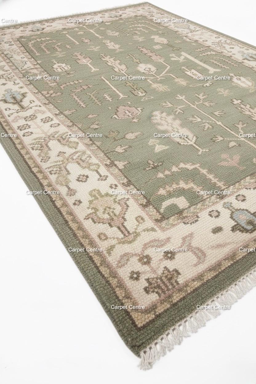 Hand-Knotted Sage Green Wool Rug: Tribal Tree of Life, Farmhouse Style