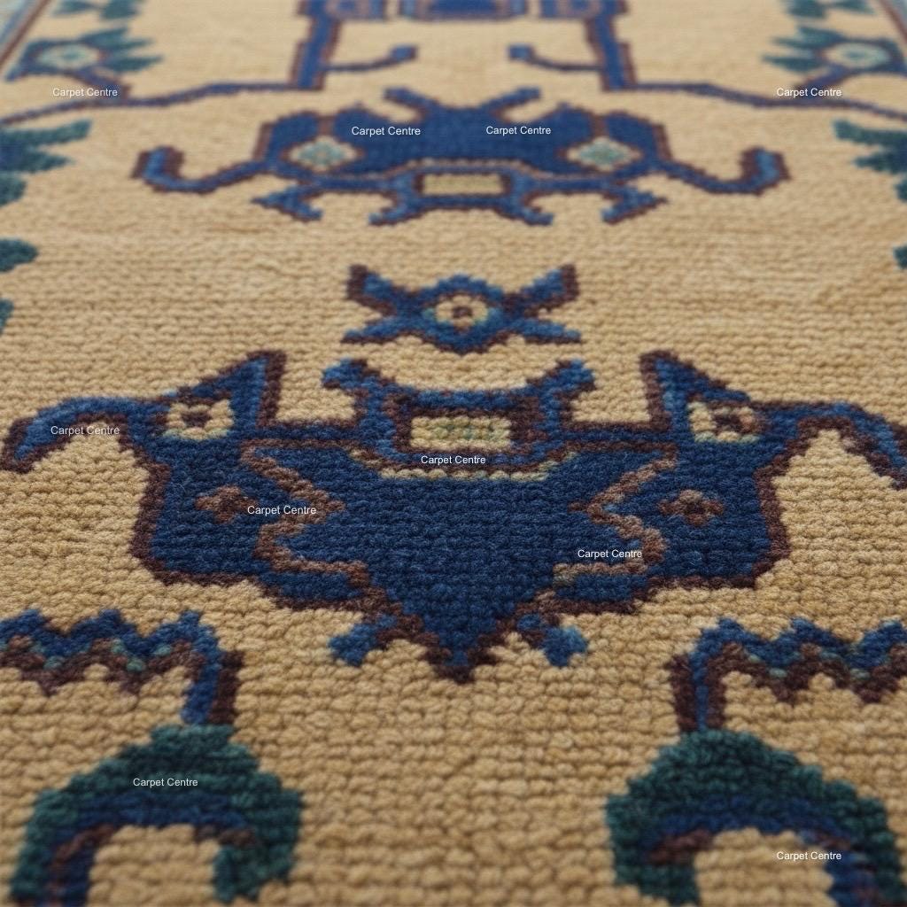 Hand-Knotted Wool Runner Rug, Golden Yellow Oushak, Navy Tribal Design