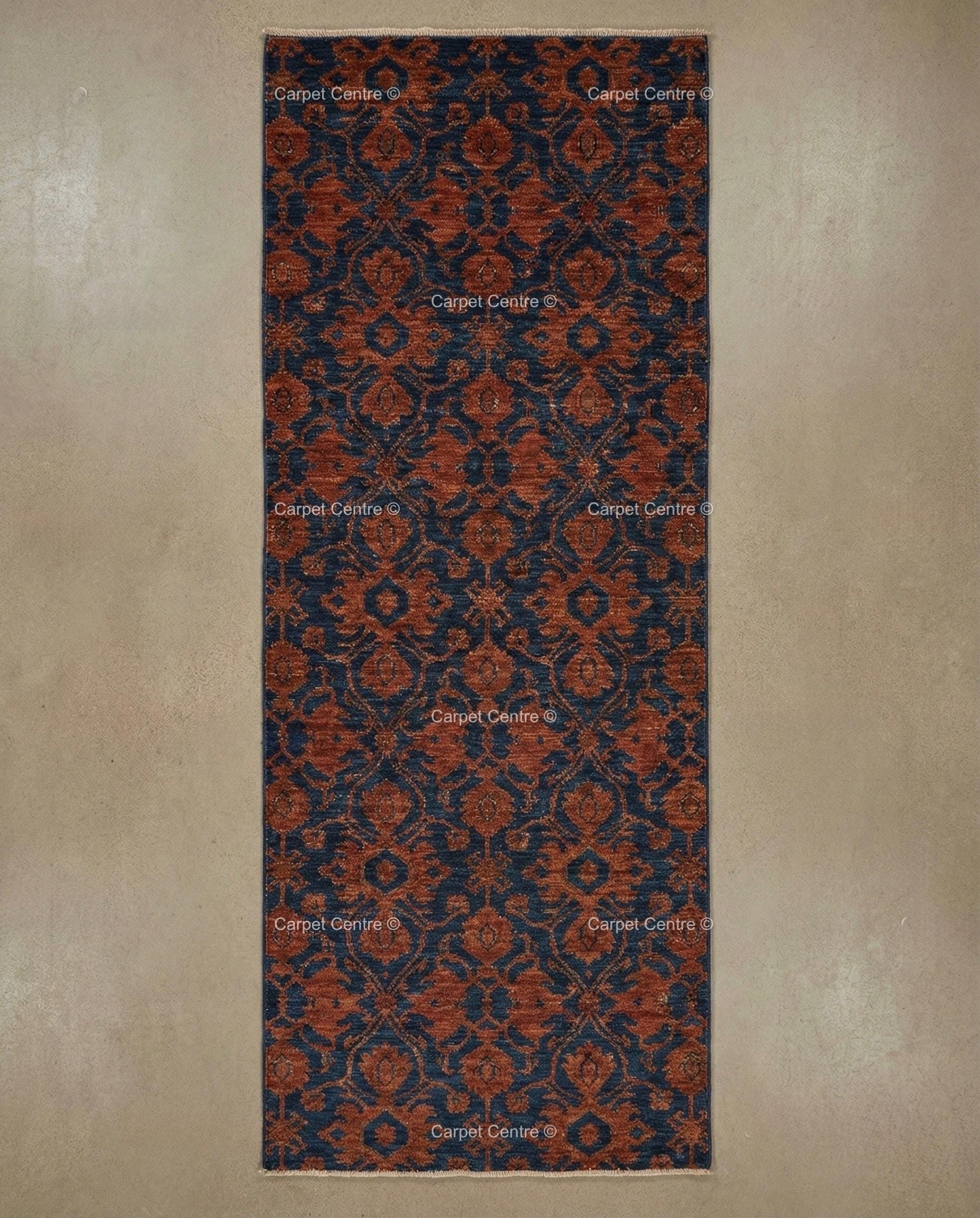 Hand Knotted Wool Rug, Navy Blue Oushak Runner, William Morris Style