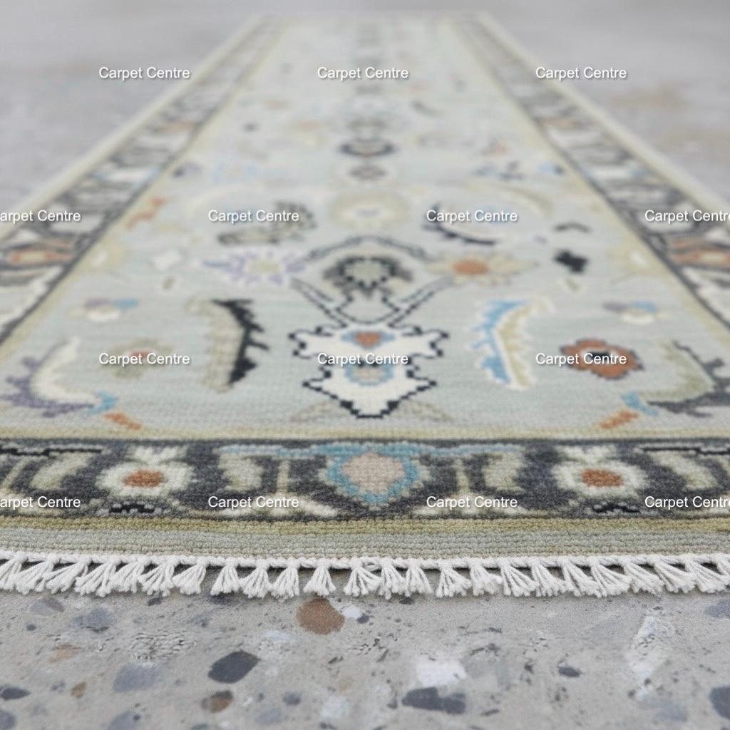 Hand-Knotted Oushak Wool Runner Rug: Neutral Sage Green Medallion Design