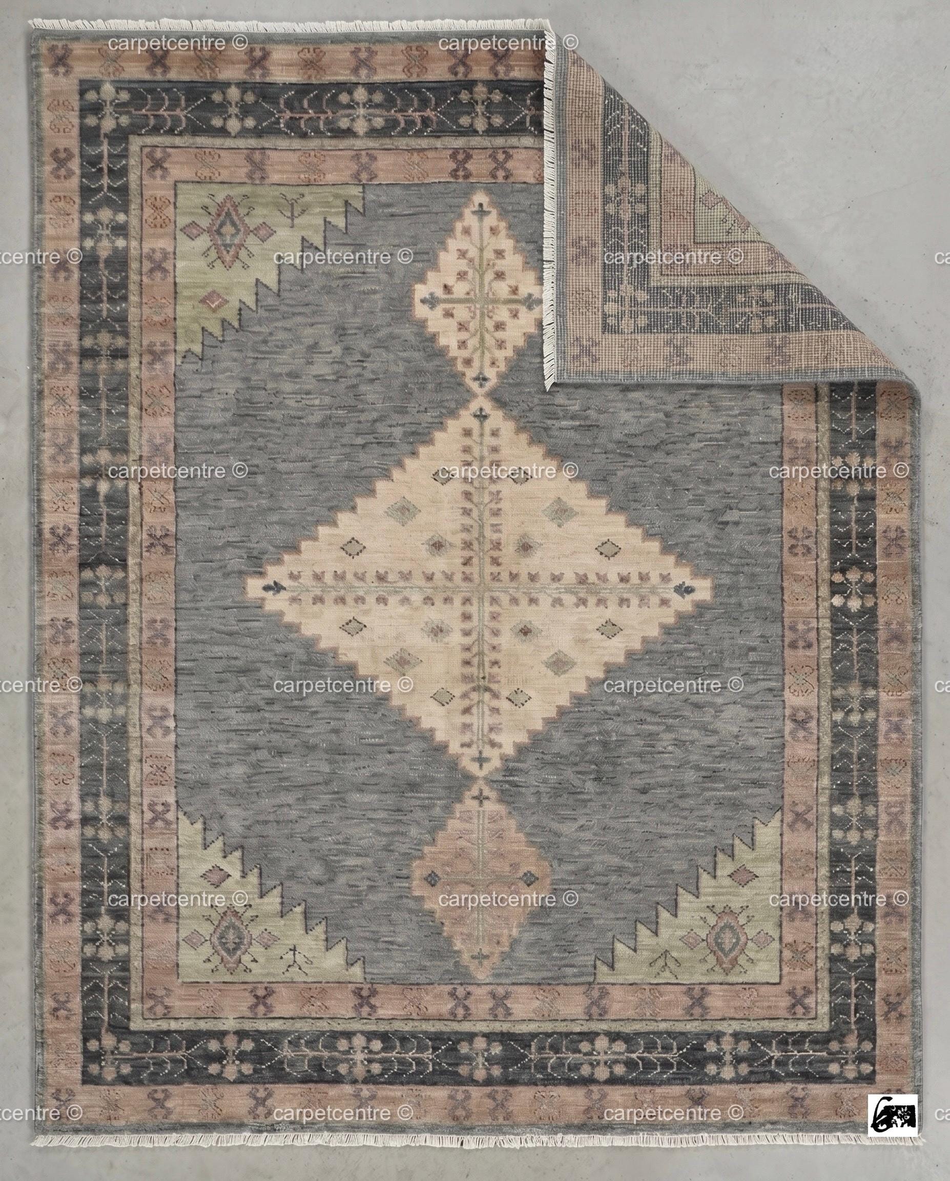 Hand Knotted Oushak Rug: Slate Blue Geometric Wool Area Rug (8x10, 9x12)