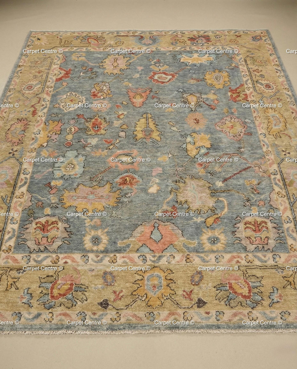 Floral Hand Knotted Oushak Wool Rug, Slate Blue & Gold