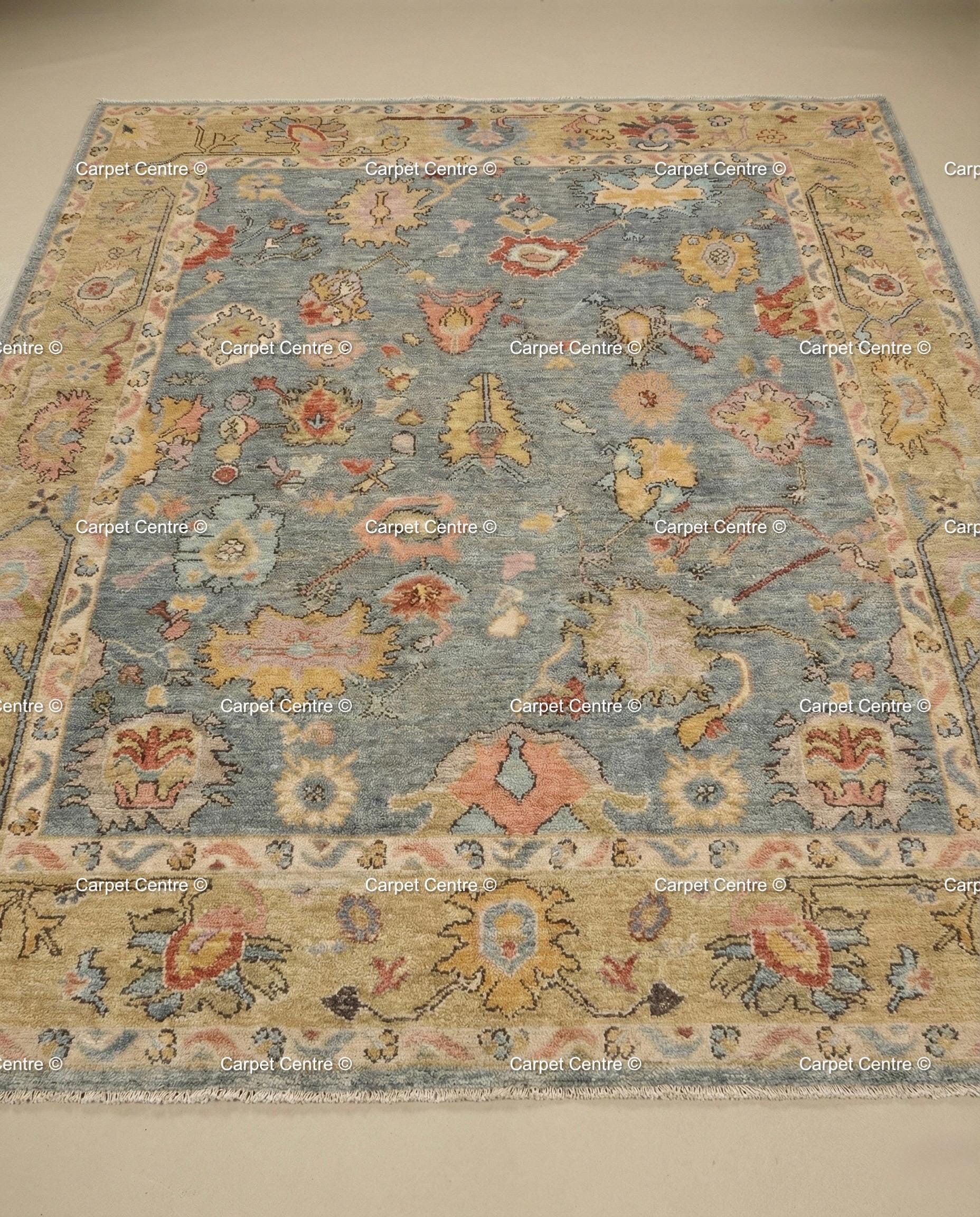 Floral Hand Knotted Oushak Wool Rug, Slate Blue & Gold
