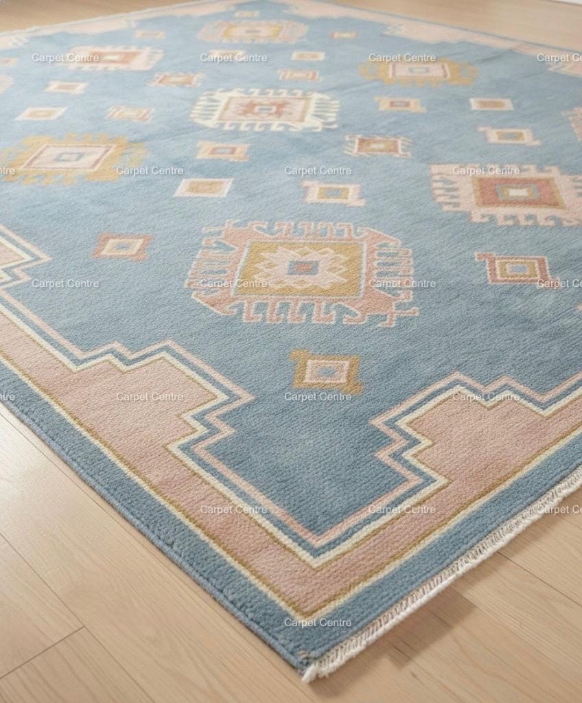 Hand-Knotted Wool Oushak Rug, Light Blue, Blush Pink Border