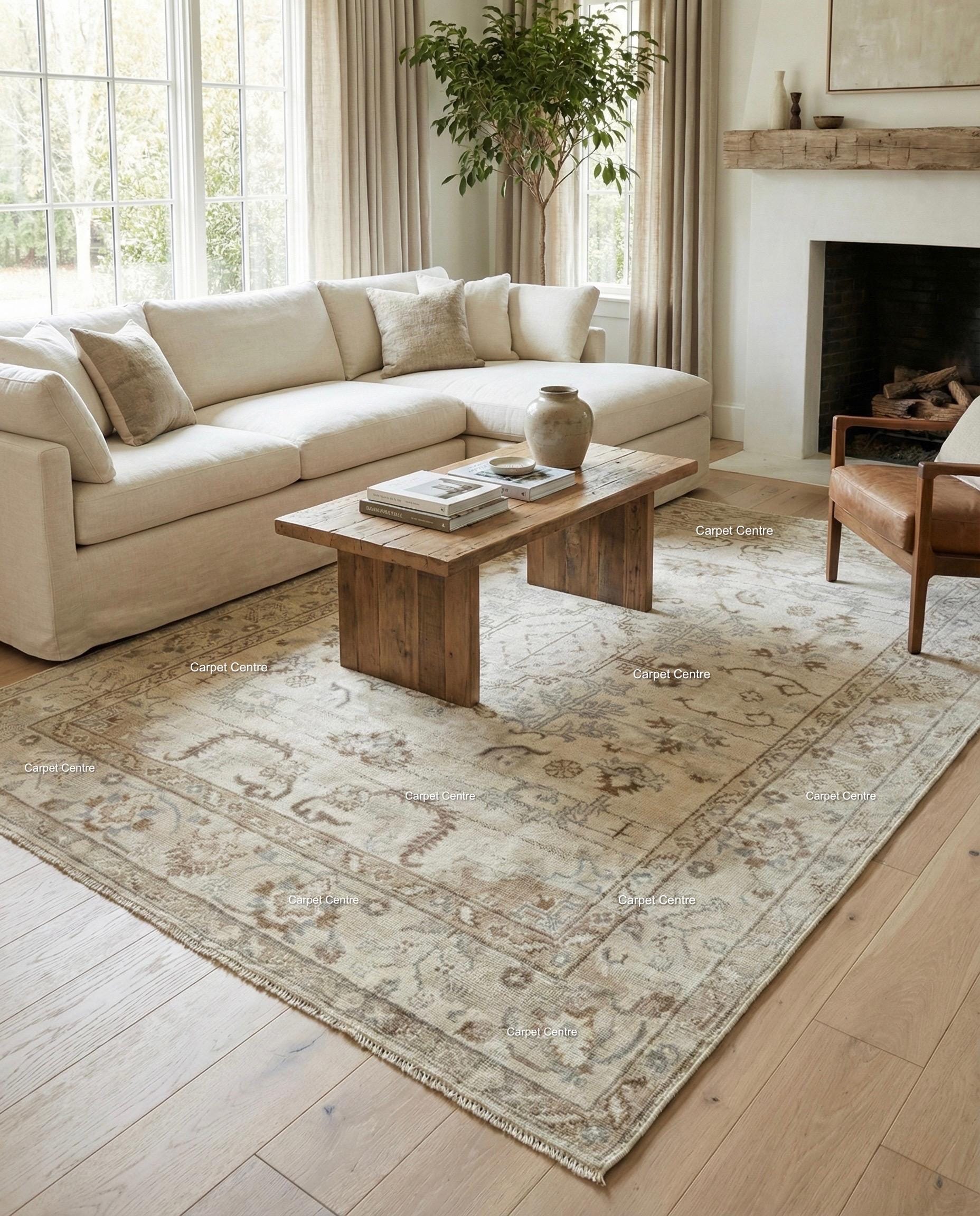 Neutral Beige Oushak Rug, Muted Cream & Taupe Medallion, Hand Knotted Wool Area Rug, Vintage Distressed Look, Modern Farmhouse Decor