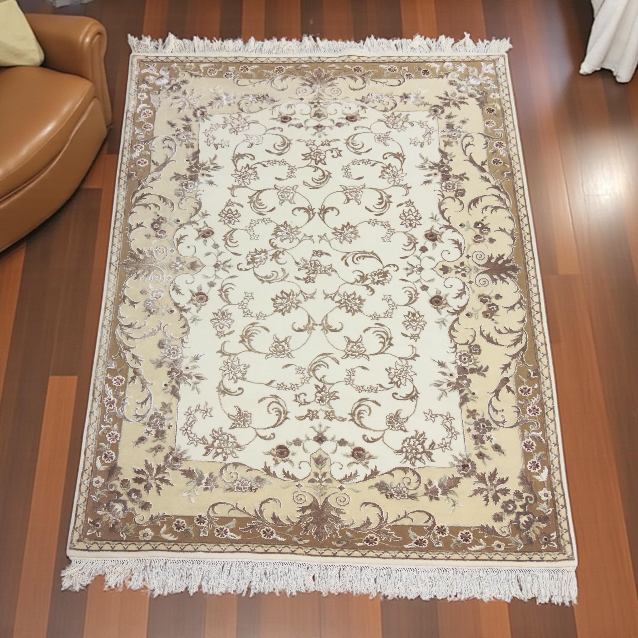 Hand Knotted Beige Persian Wool Rug | Art Silk Floral, 7'11" x 5'8"