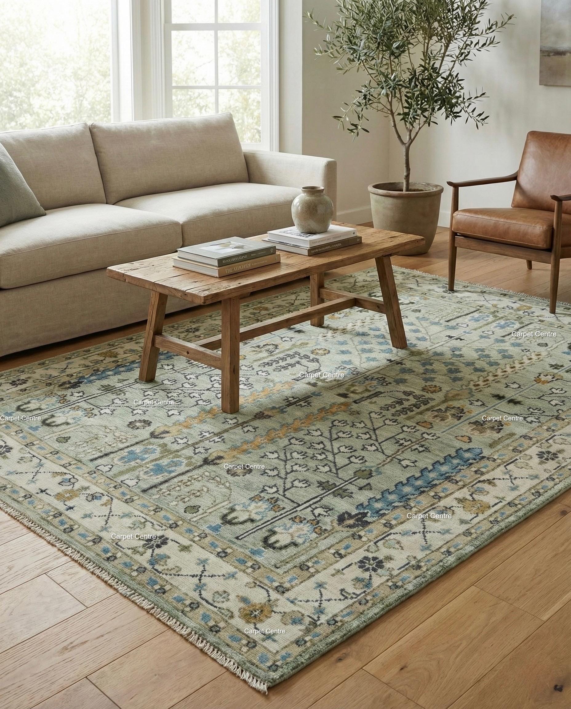 Hand Knotted Wool Oushak Rug – Sage Green Tree of Life Area Rug