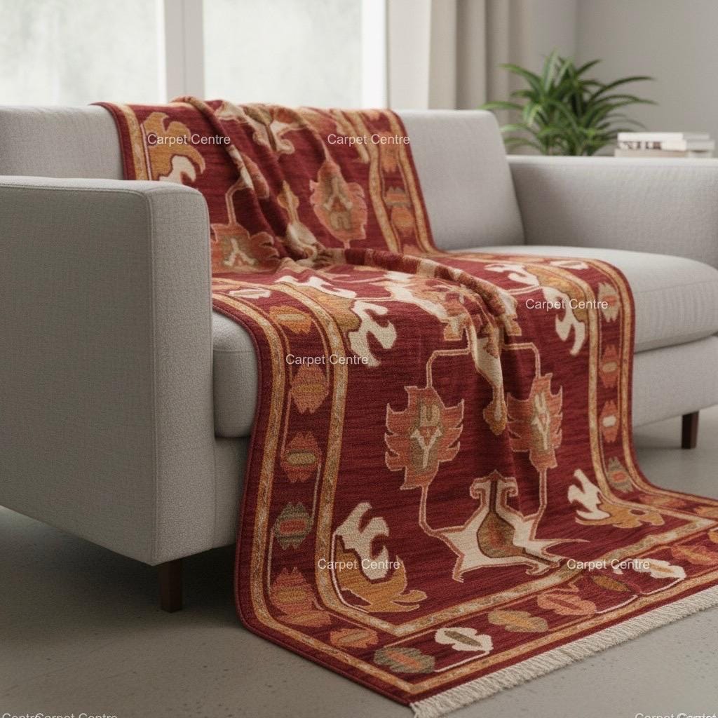 Handwoven Burgundy Oushak Wool Rug: Medallion Floral Design