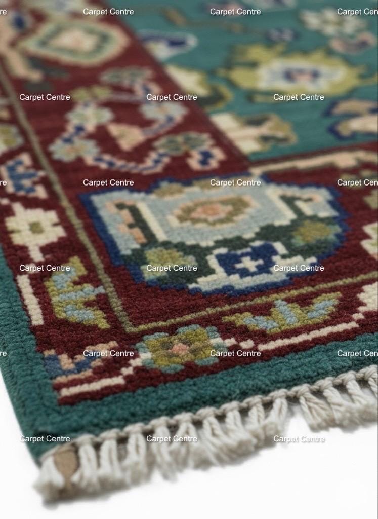 Teal Oushak Rug, Hand-Knotted Wool Area Rug, Red Border
