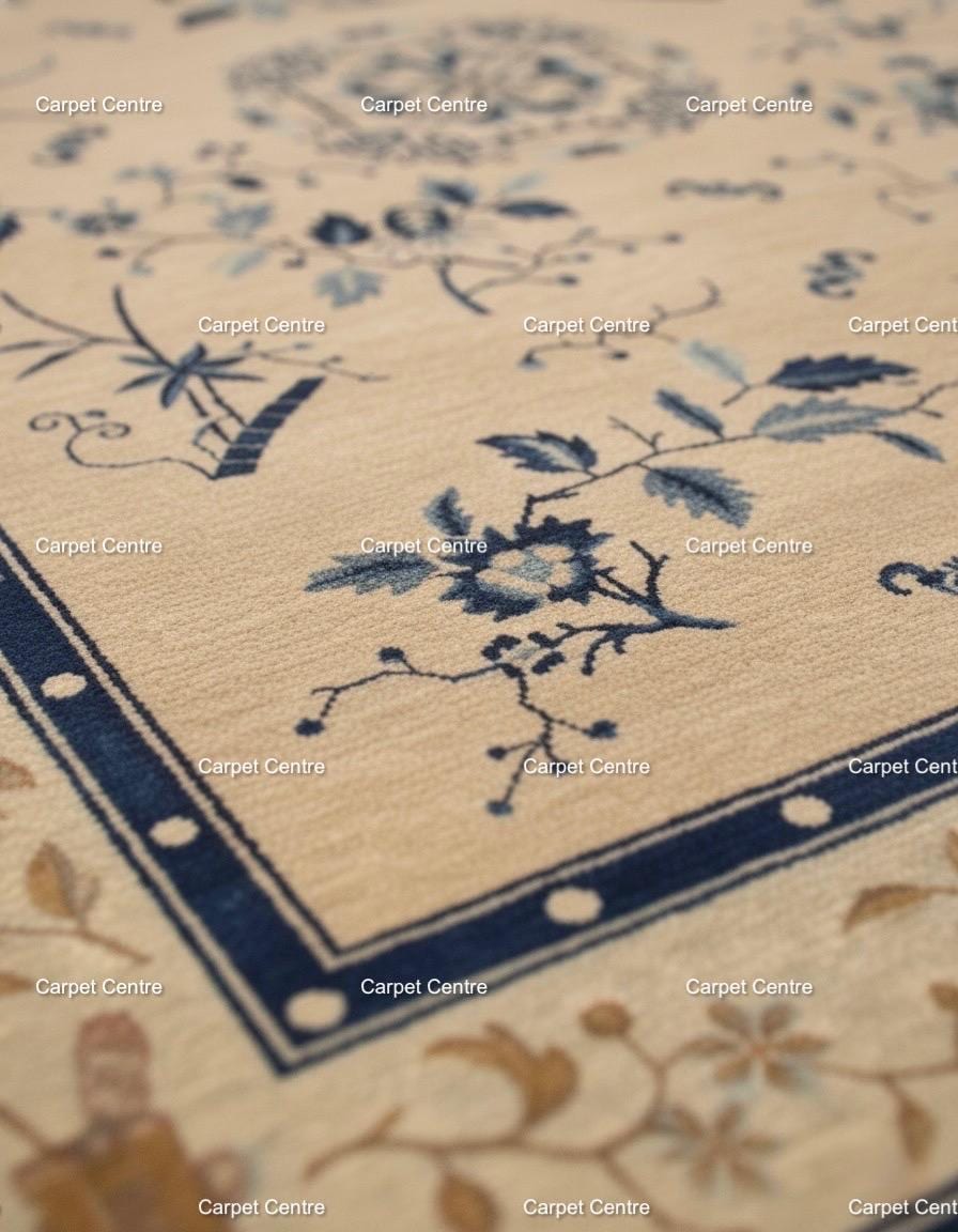 Hand-Knotted Oushak Wool Rug: Blue Beige Chinoiserie Design