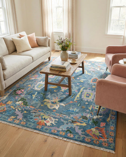 Blue Gabbeh Oushak Rug, Hand Knotted Wool Animal Design