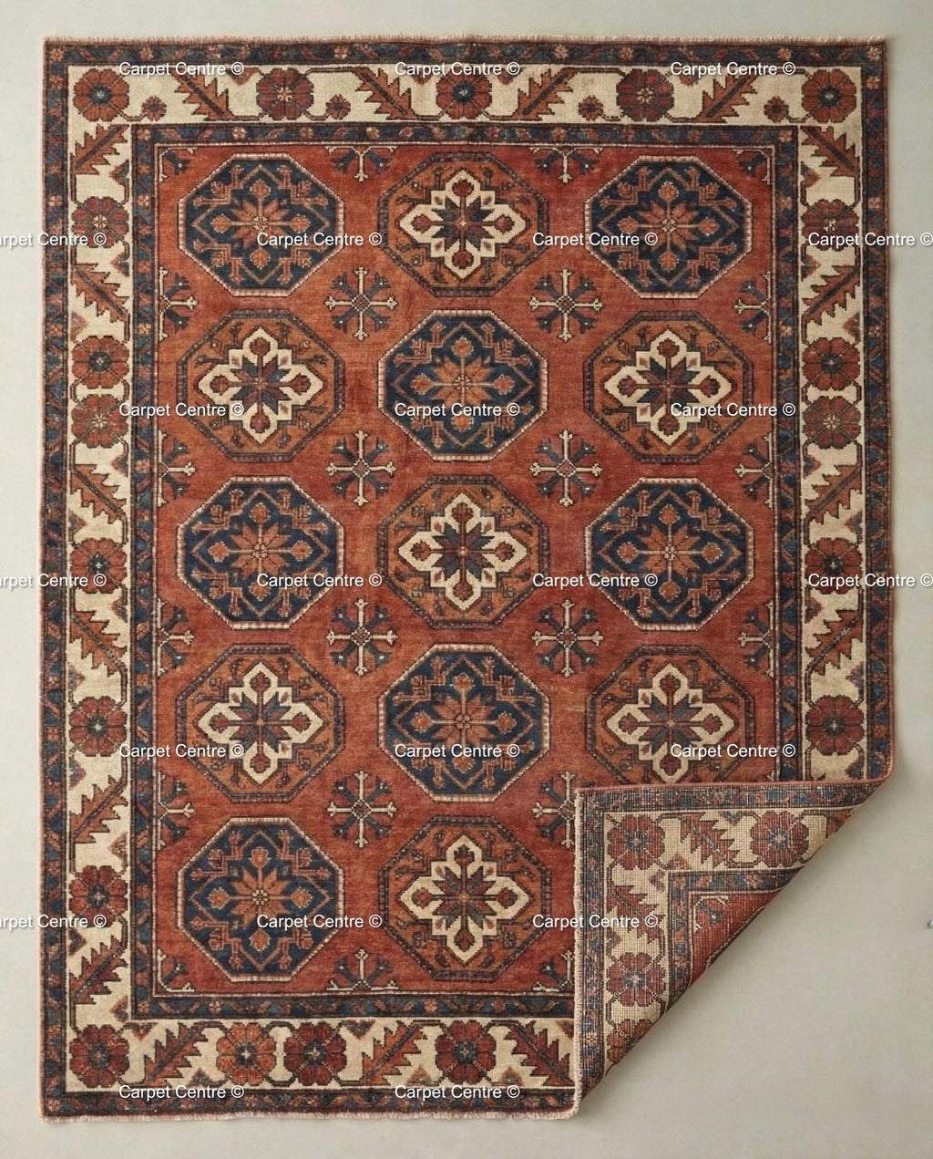 Hand Knotted Wool Oushak Rug, Terracotta Rust & Navy Geometric Carpet