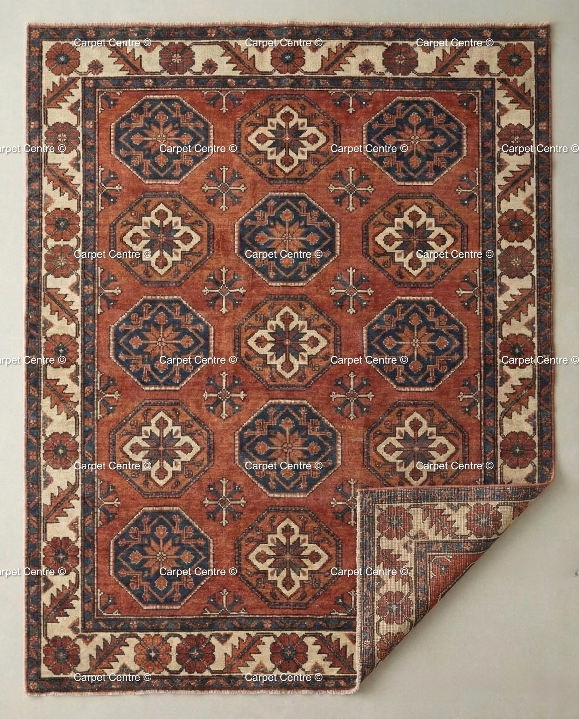 Hand Knotted Wool Oushak Rug, Terracotta Rust & Navy Geometric Carpet