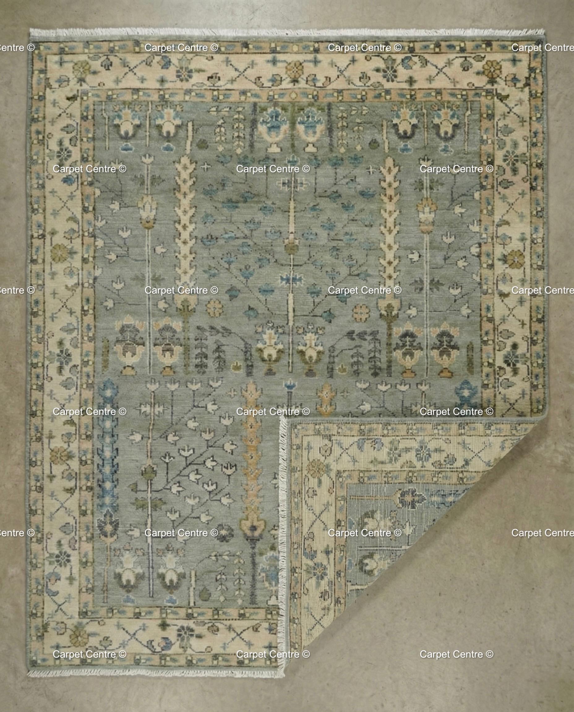 Hand Knotted Wool Oushak Rug, Muted Slate Blue Tree of Life Carpet