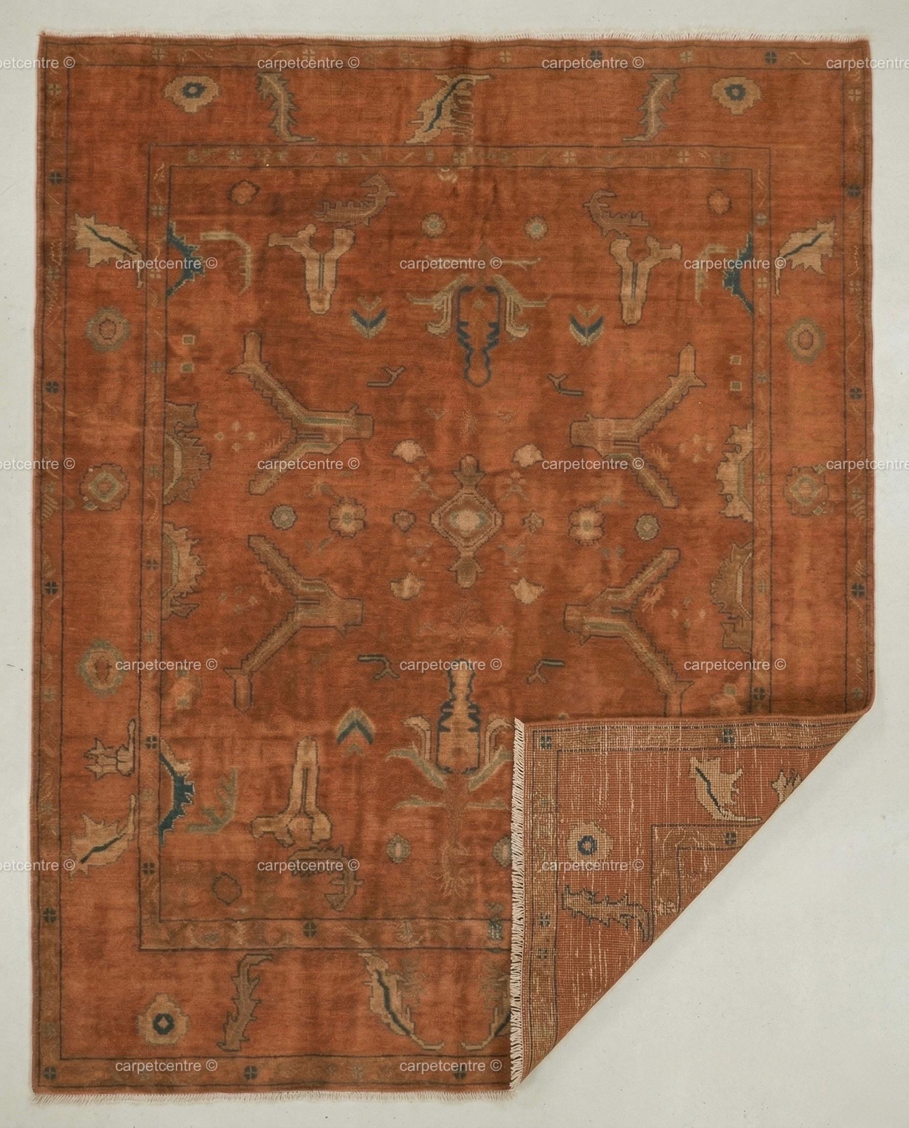 Hand Knotted Terracotta Oushak Rug, Geometric Wool Area Carpet, Boho Living Room Home Decor