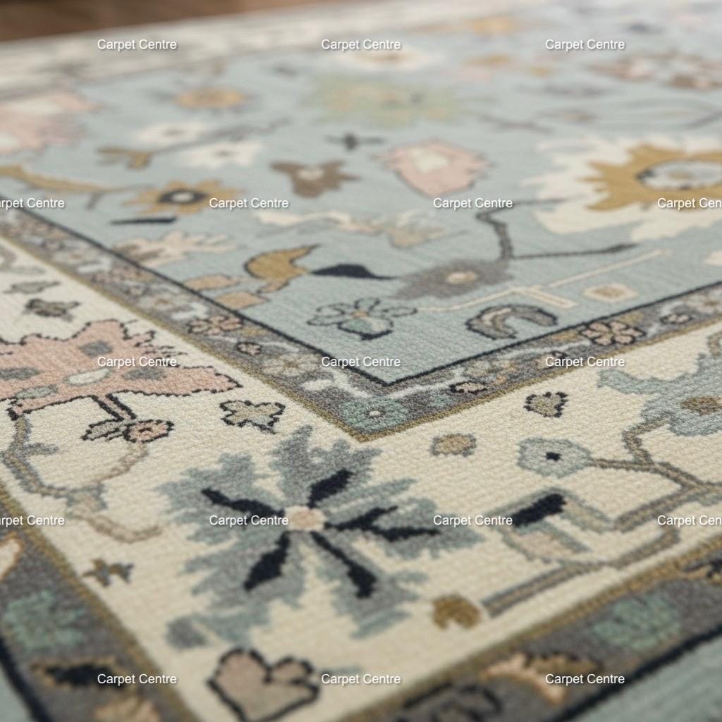 Light Blue Oushak Rug, Hand-Knotted Wool 8x10, Farmhouse Floral