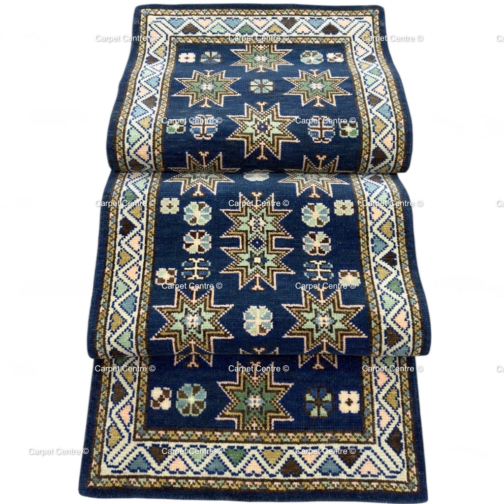 Oriental Star Design Navy Blue Oushak Runner Rug , Traditional Style Kitchen-Hallway-Entryway Rug