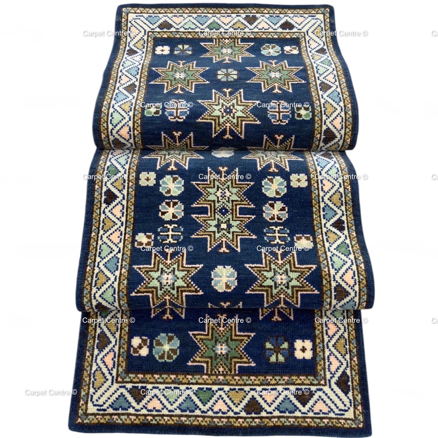 Oriental Star Design Navy Blue Oushak Runner Rug , Traditional Style Kitchen-Hallway-Entryway Rug