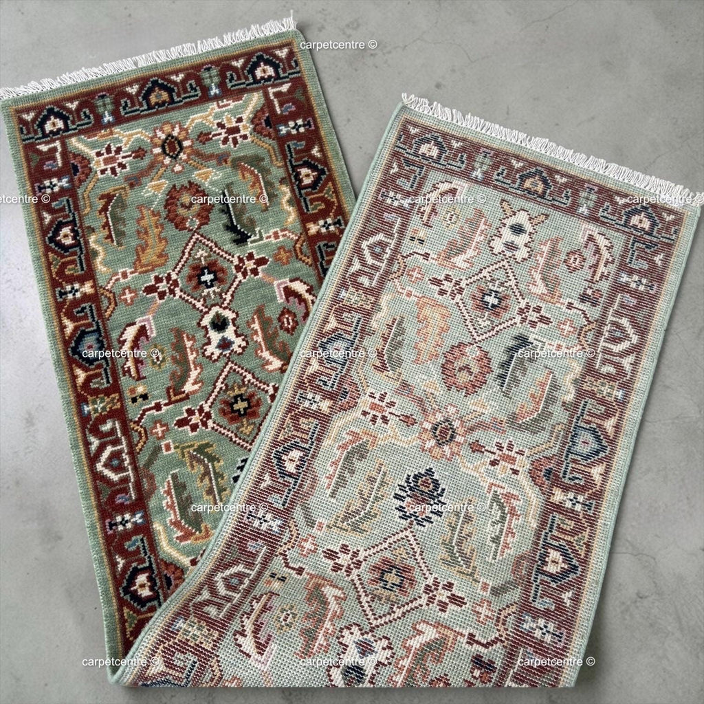 Hand Knotted Oushak Runner Rug, Sage Green New Zealand Wool, Custom Entryway Hallway Rug