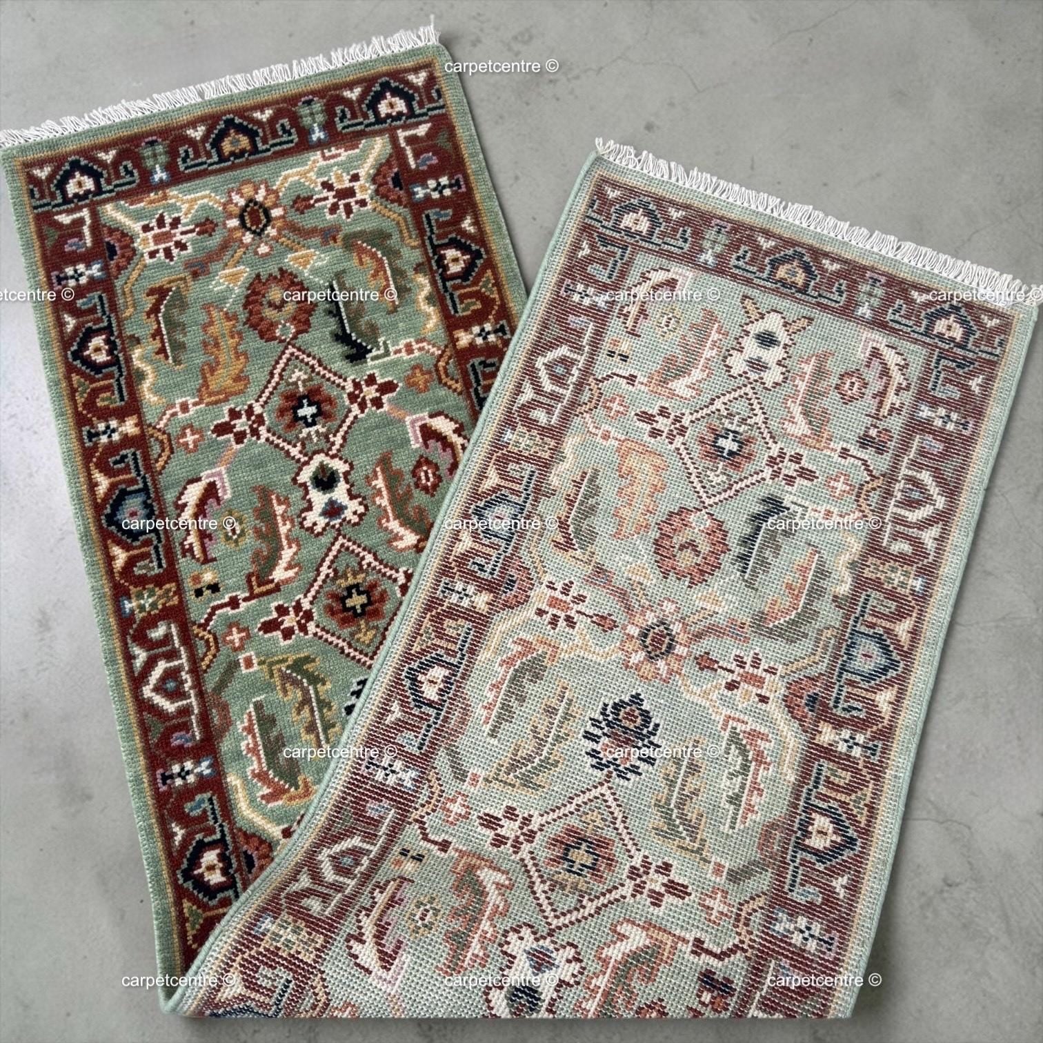 Hand Knotted Oushak Runner Rug, Sage Green New Zealand Wool, Custom Entryway Hallway Rug