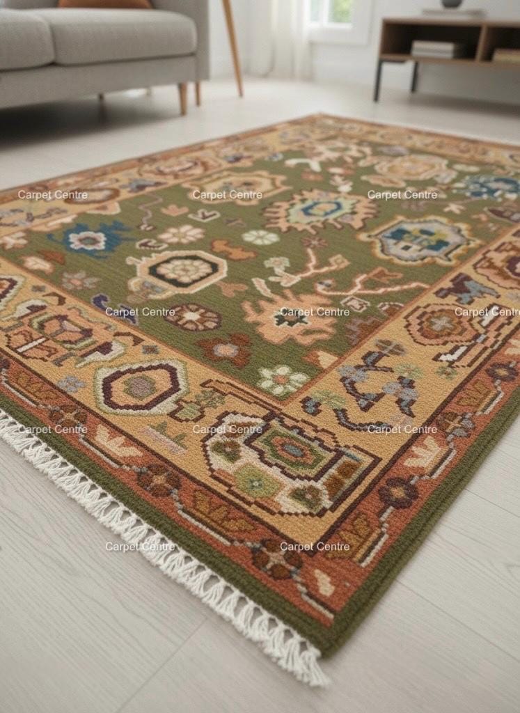Olive Green Oushak Rug, Hand-Knotted Wool, Boho Farmhouse Decor