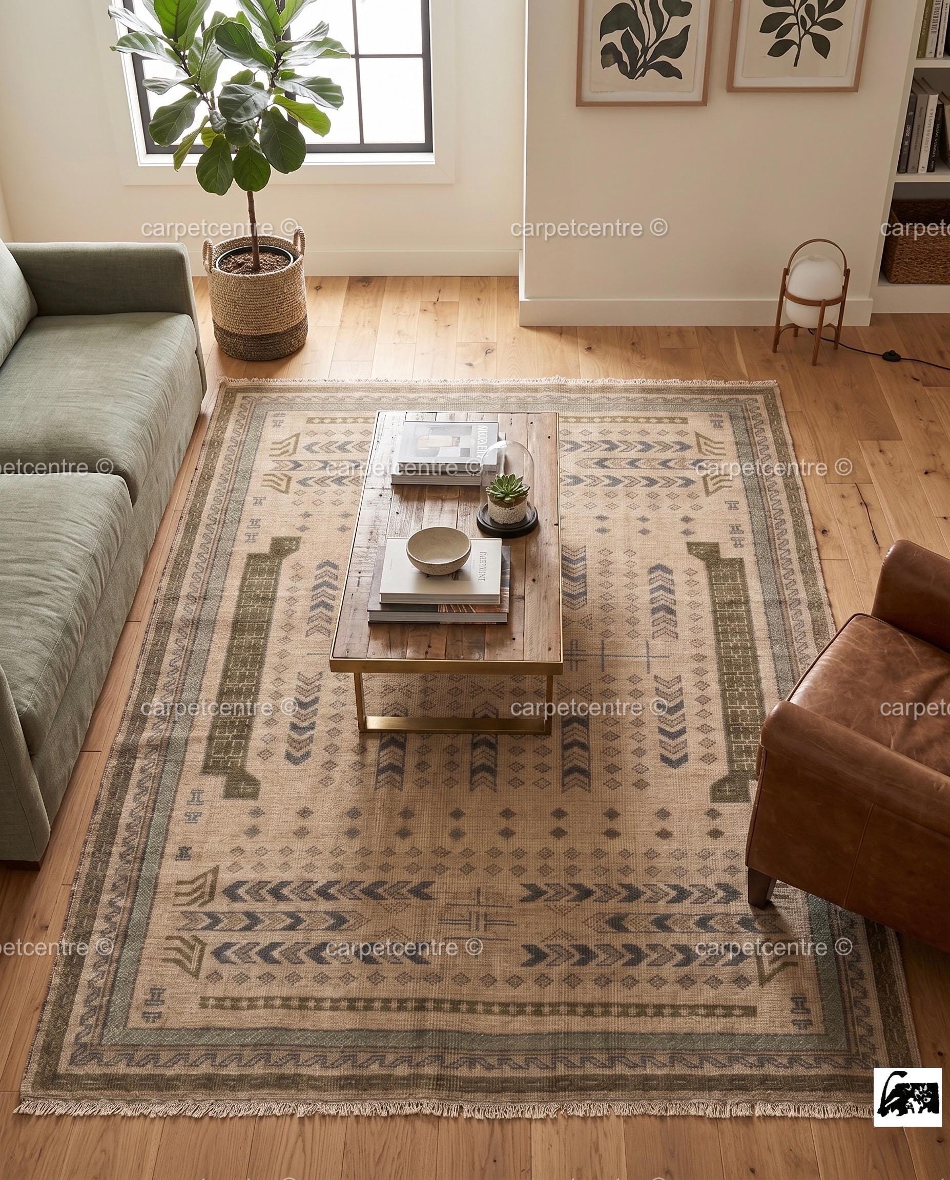 Beige Sage Green Oushak Rug | Vintage Turkish Geometric Tribal Carpet | Boho Farmhouse Decor