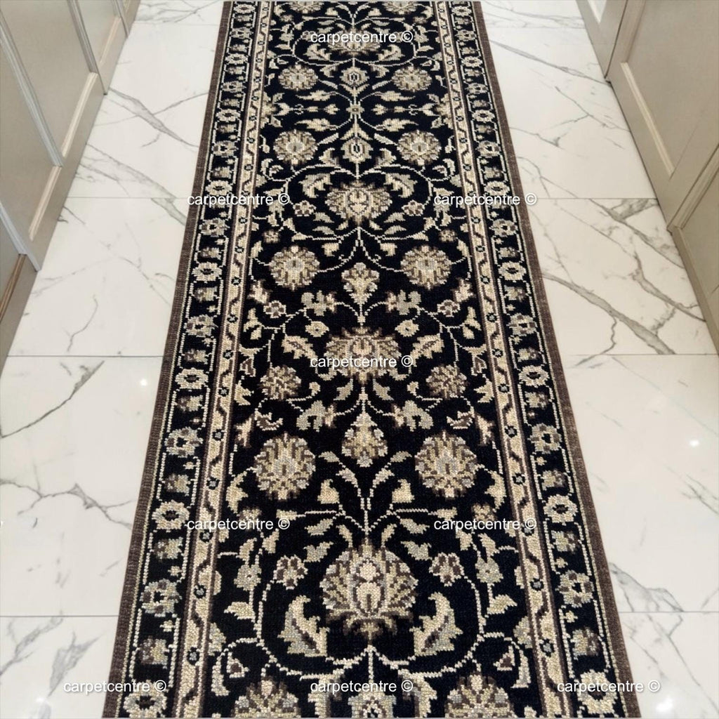 Handmade Oushak Wool Runner Rug, Black and Gold Floral Design Hallway Entryway Runner
