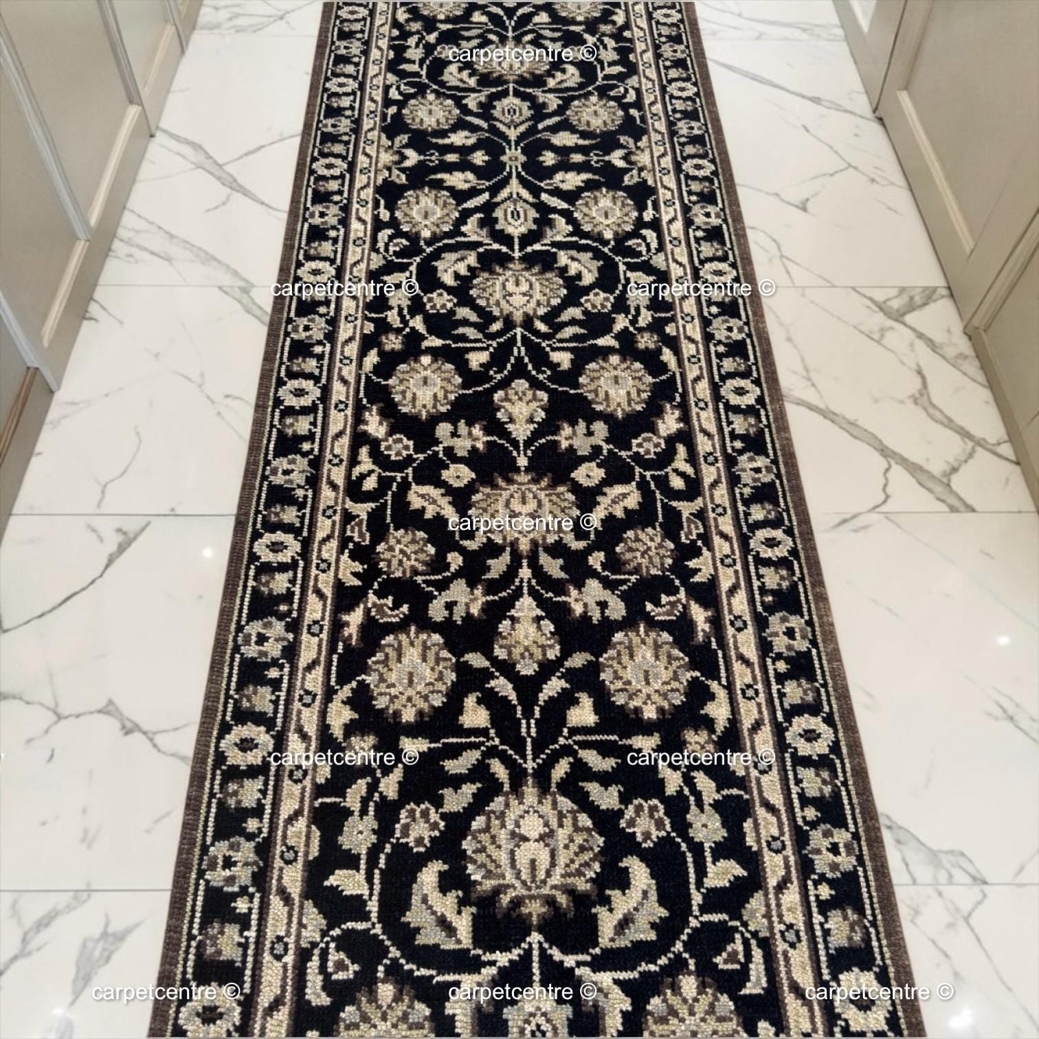 Handmade Oushak Wool Runner Rug, Black and Gold Floral Design Hallway Entryway Runner