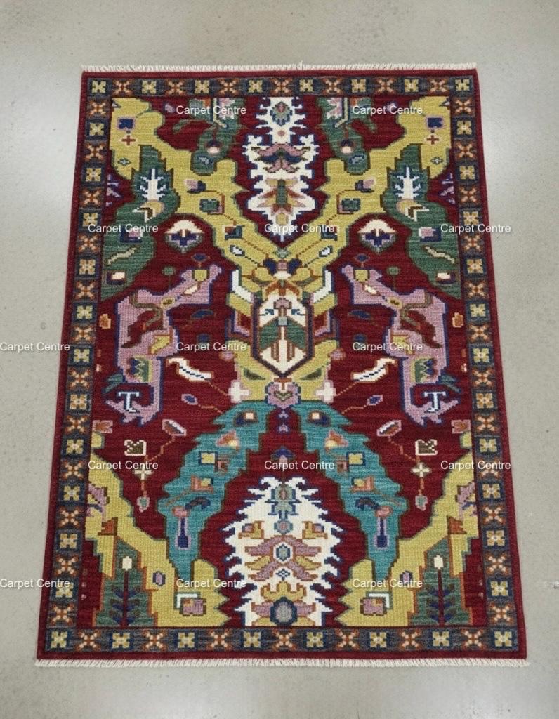 Red Oushak Rug, Hand-Knotted Wool, Geometric Kilim Design