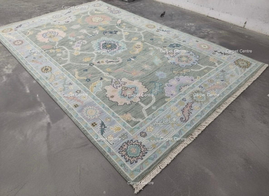 Handknotted Oushak Wool Rug | Sage Green, Pastel Floral Design