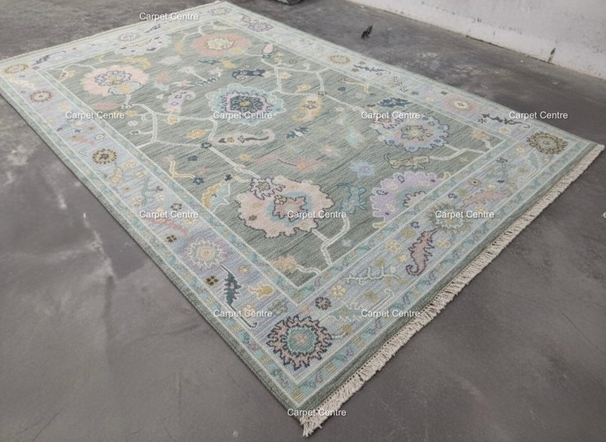 Handknotted Oushak Wool Rug | Sage Green, Pastel Floral Design