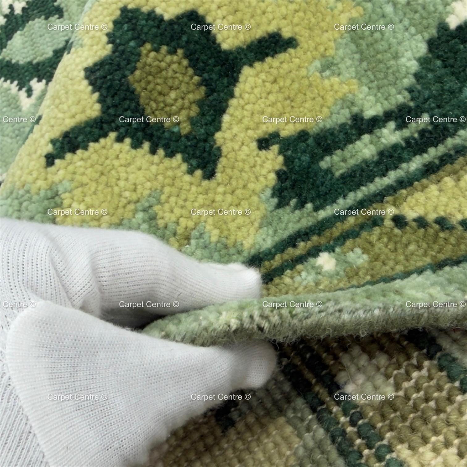 Hand-Knotted Oushak Rug, Emerald Sage Green Floral Medallion, Handspun Wool Area Rug
