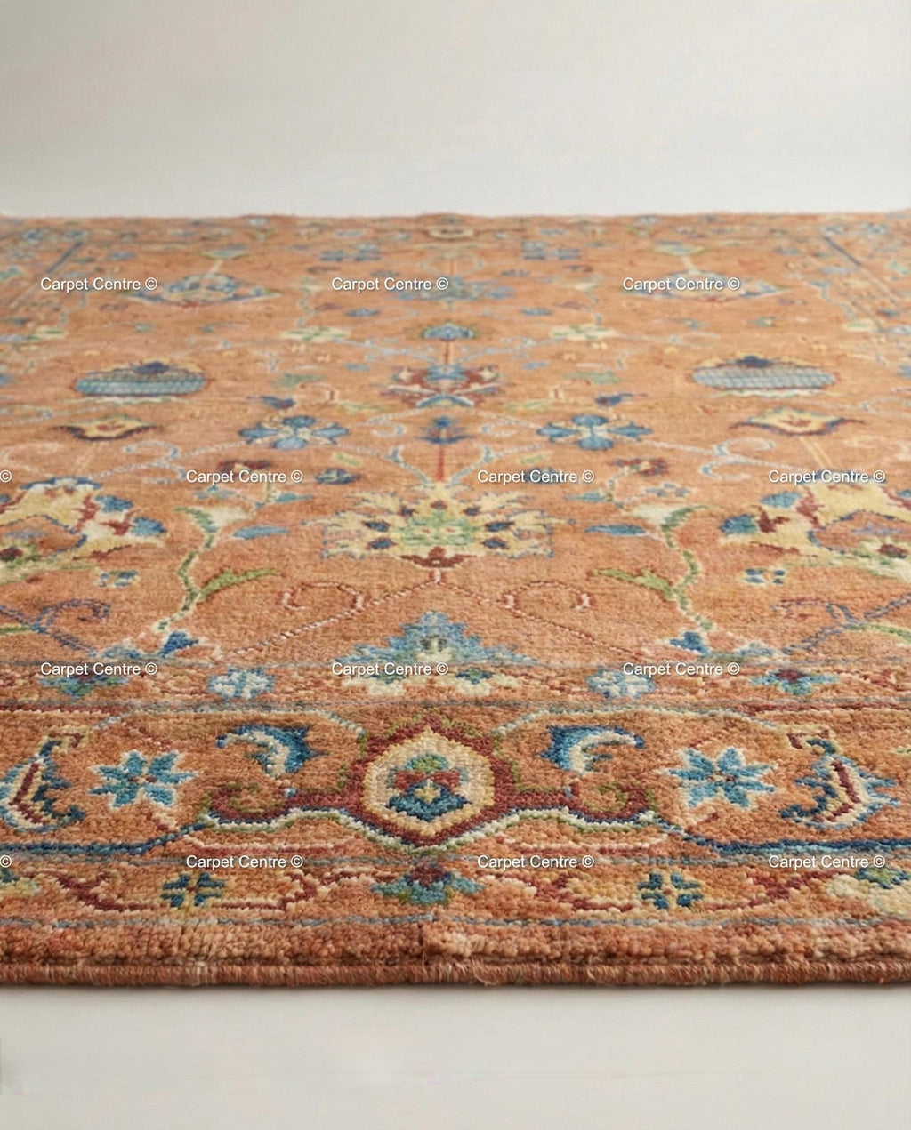 Hand Knotted Oushak Wool Rug, Rust Orange, Blue Floral Mahal