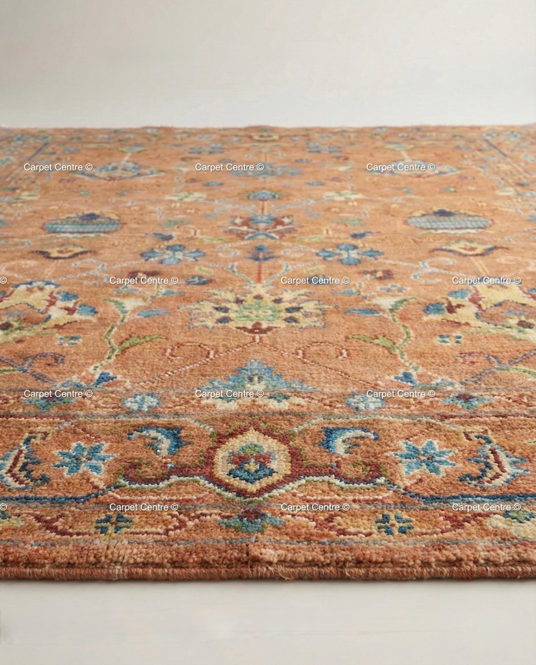 Hand Knotted Oushak Wool Rug, Rust Orange, Blue Floral Mahal