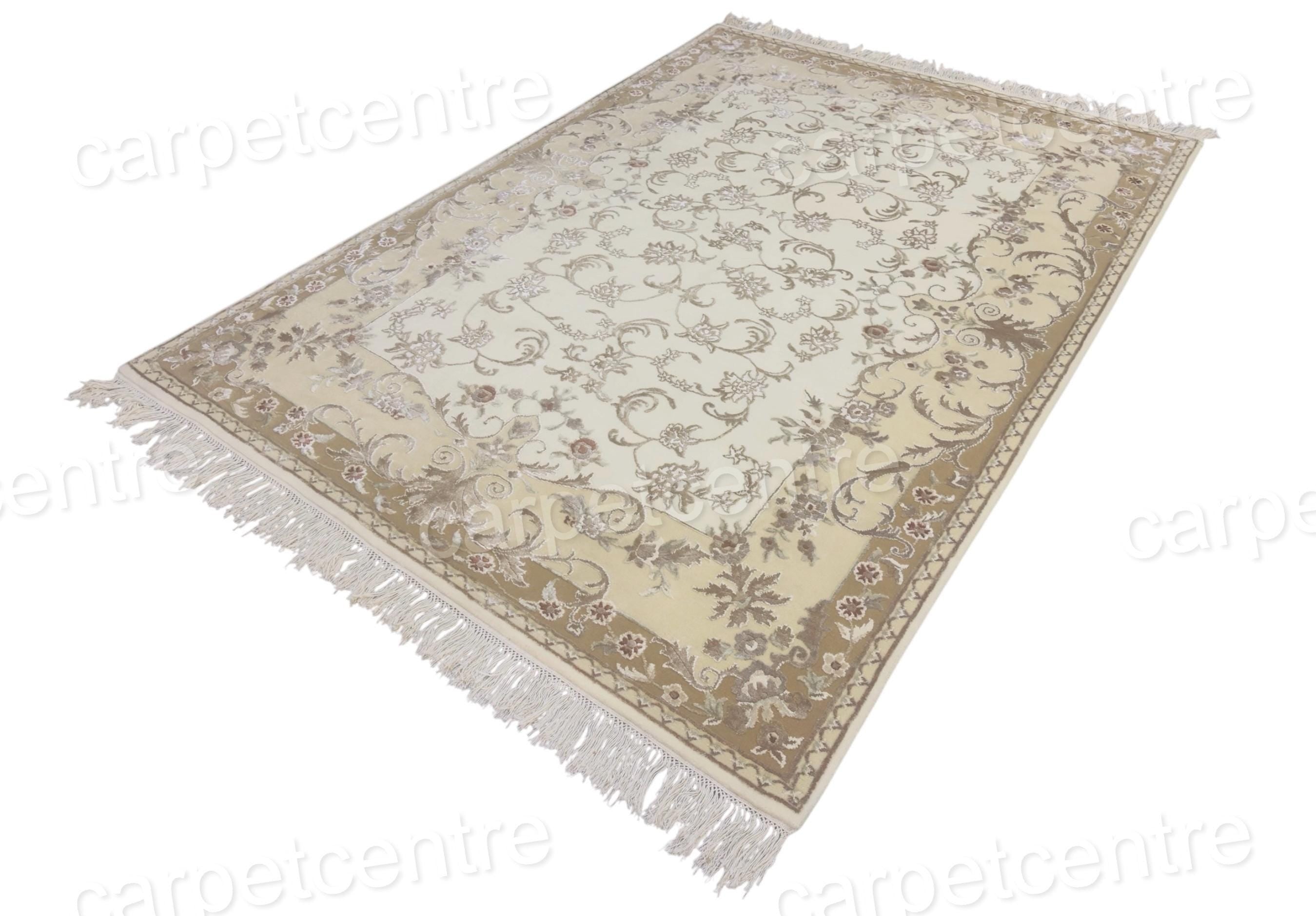 Hand Knotted Beige Persian Wool Rug | Art Silk Floral, 7'11" x 5'8"