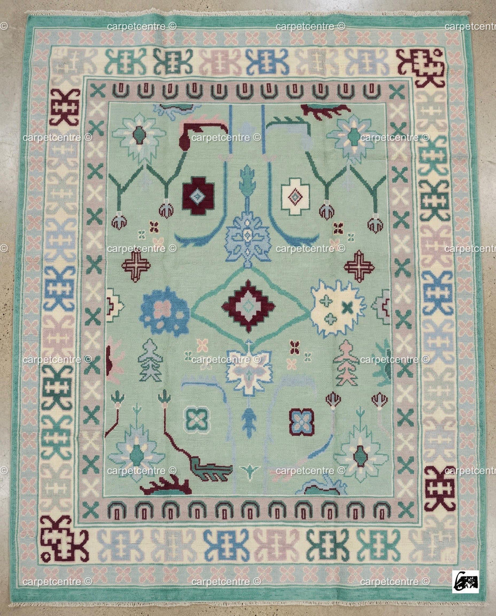Mint Green Oushak Rug, Seafoam Pastel Turkish Floral Geometric Carpet