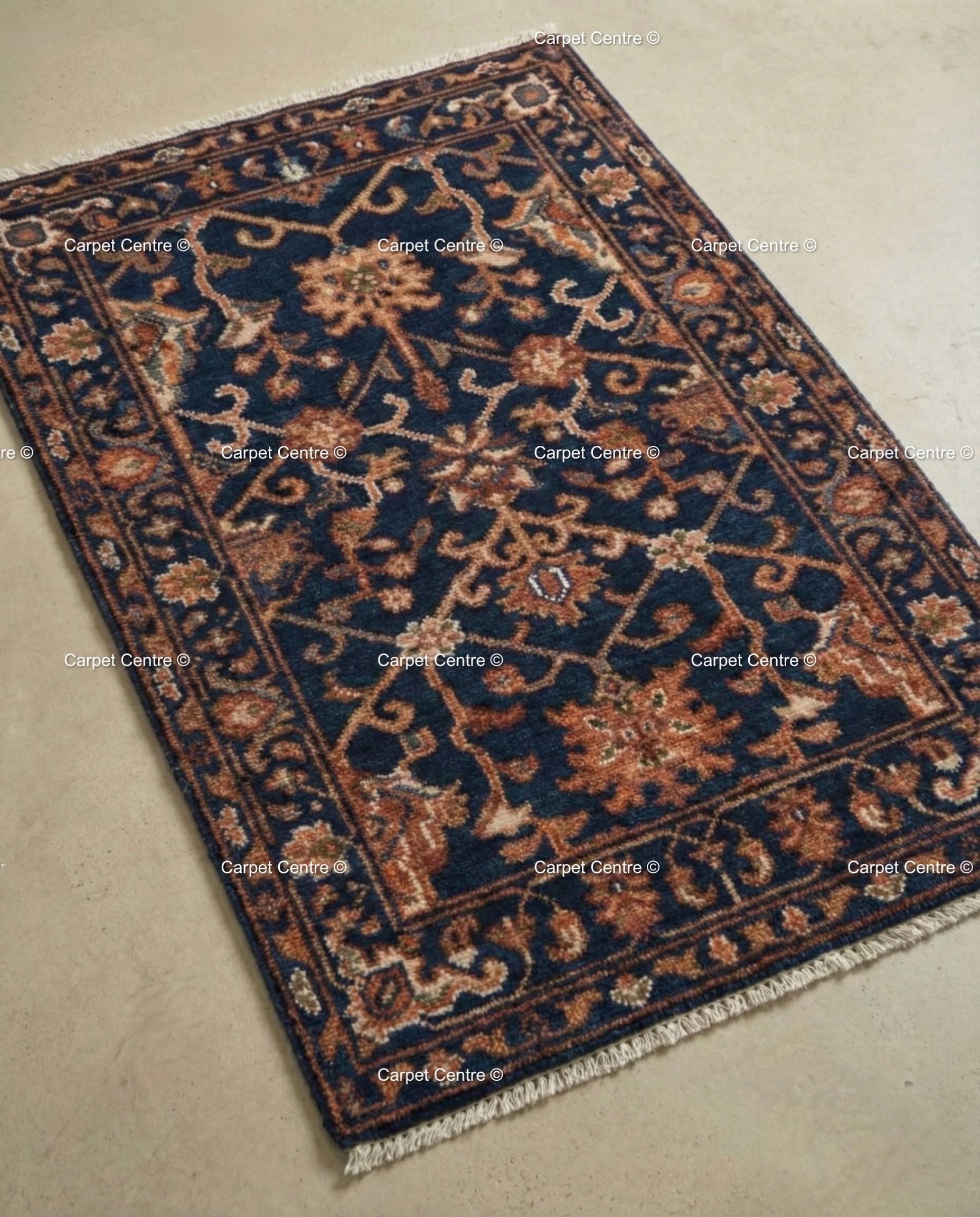 Hand Knotted Navy Blue Oushak Wool Rug, Rustic Floral Entryway Mat