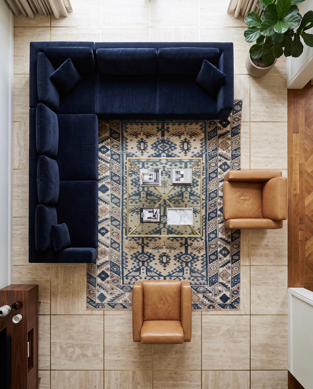 Vintage Oushak Rug | Geometric Anatolian Wool Carpet, Blue Cream Boho Tribal Area Rug