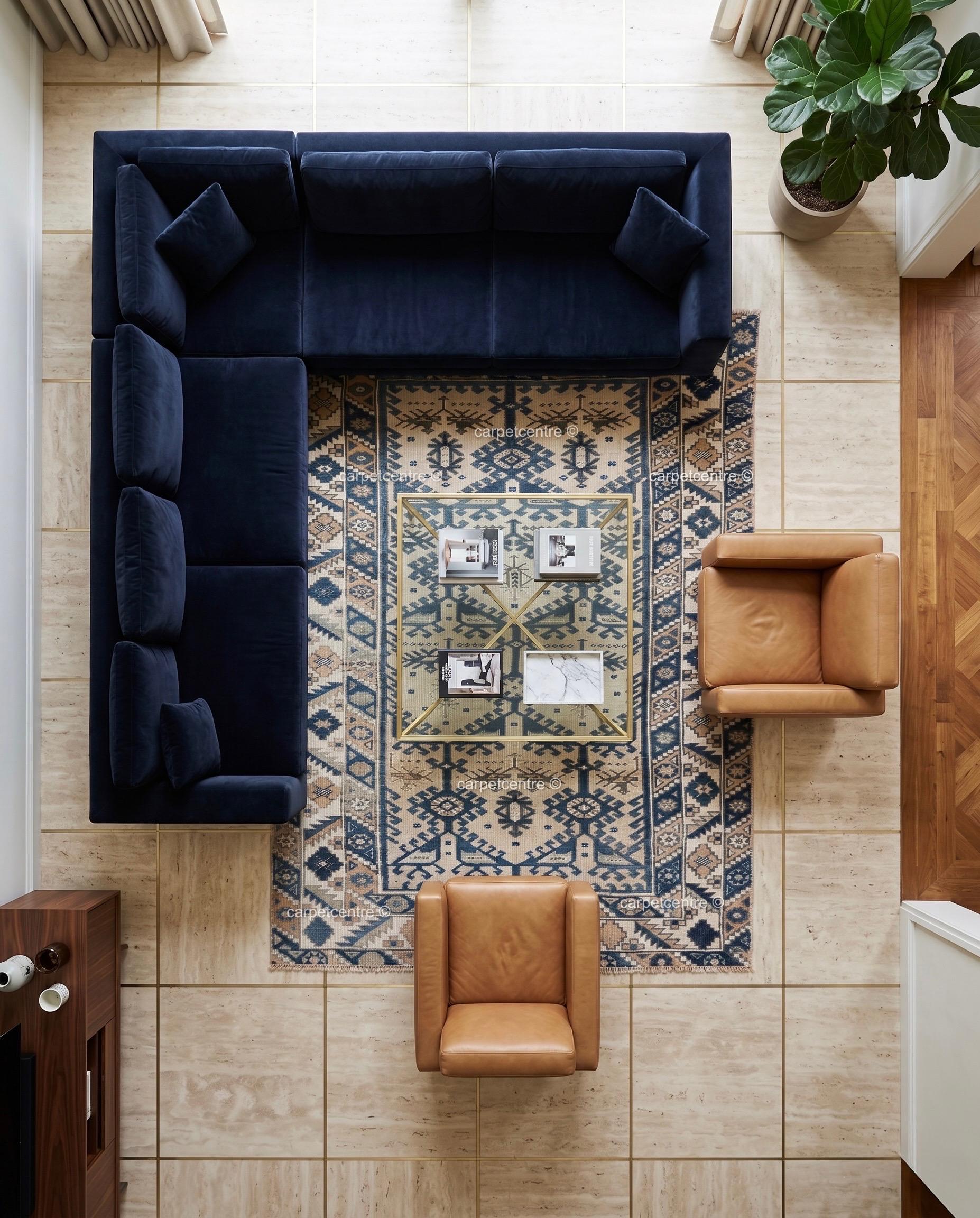 Vintage Oushak Rug | Geometric Anatolian Wool Carpet, Blue Cream Boho Tribal Area Rug