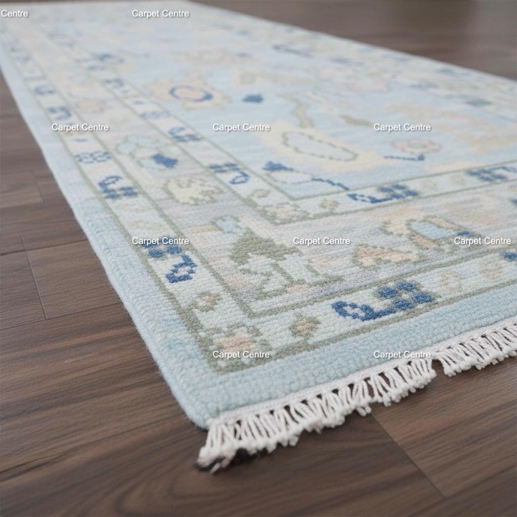 Hand-Knotted Oushak Wool Runner Rug: Pale Blue Floral Medallion
