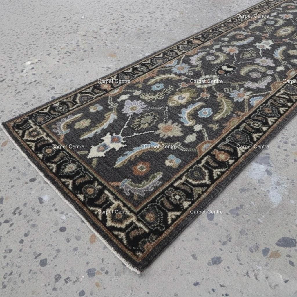 Hand-Knotted Wool Runner Rug, Charcoal Gray Traditional Floral Hallway Rug, 2x8