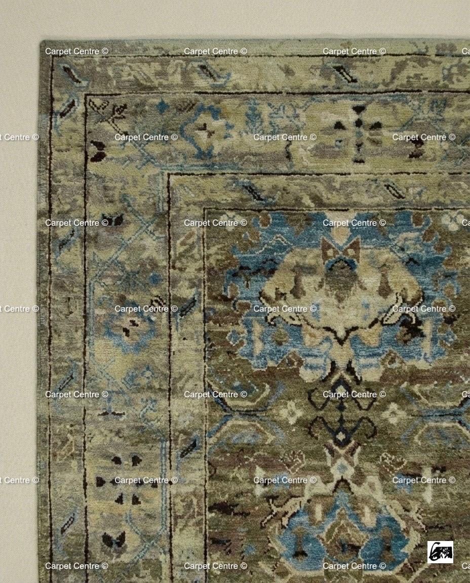 Hand Knotted Turkish Wool Rug, Olive Green Tribal Oushak, 8x10