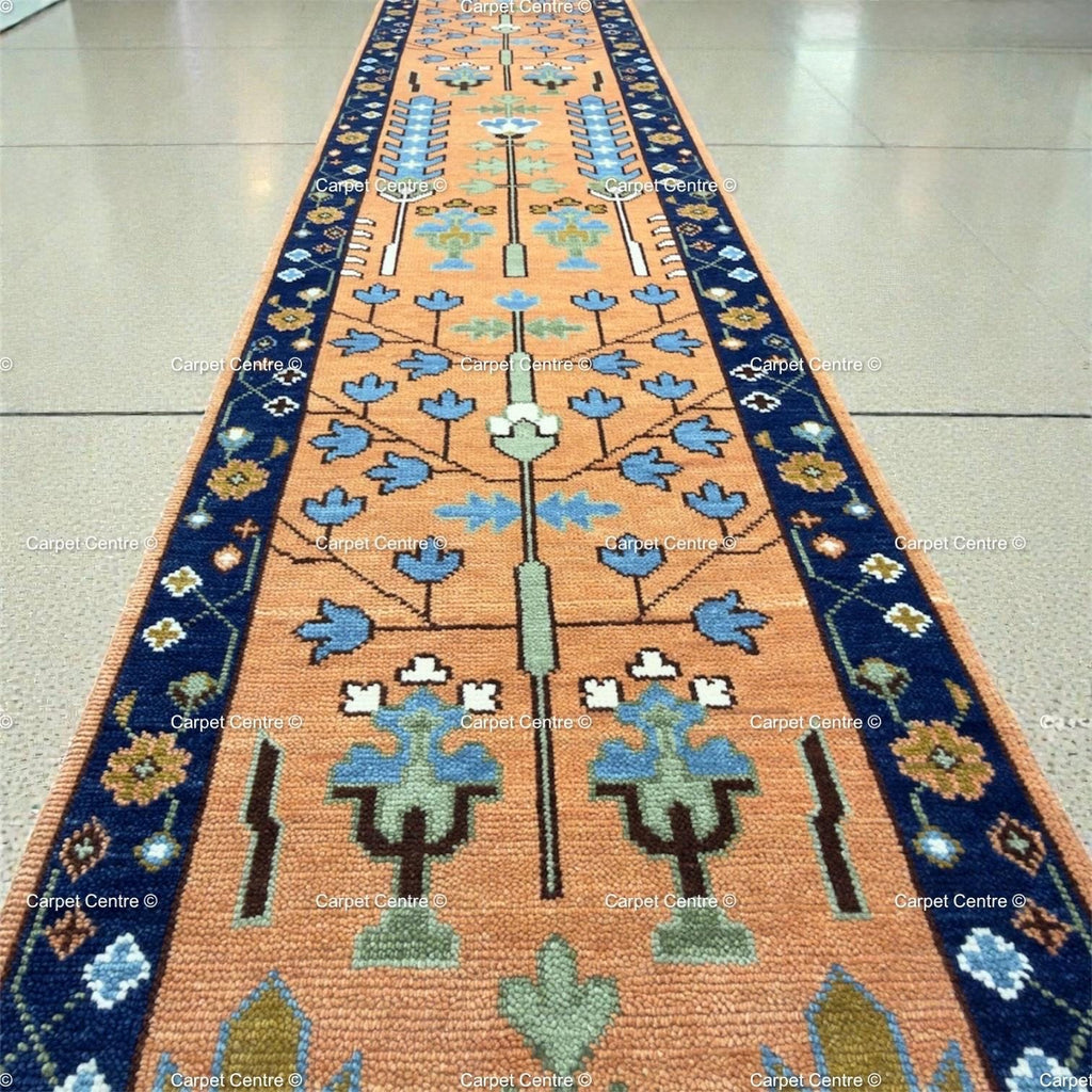 Hand-Knotted Terracotta Oushak Hallway Runner Rug, Handspun Wool Tree of Life, Navy Border