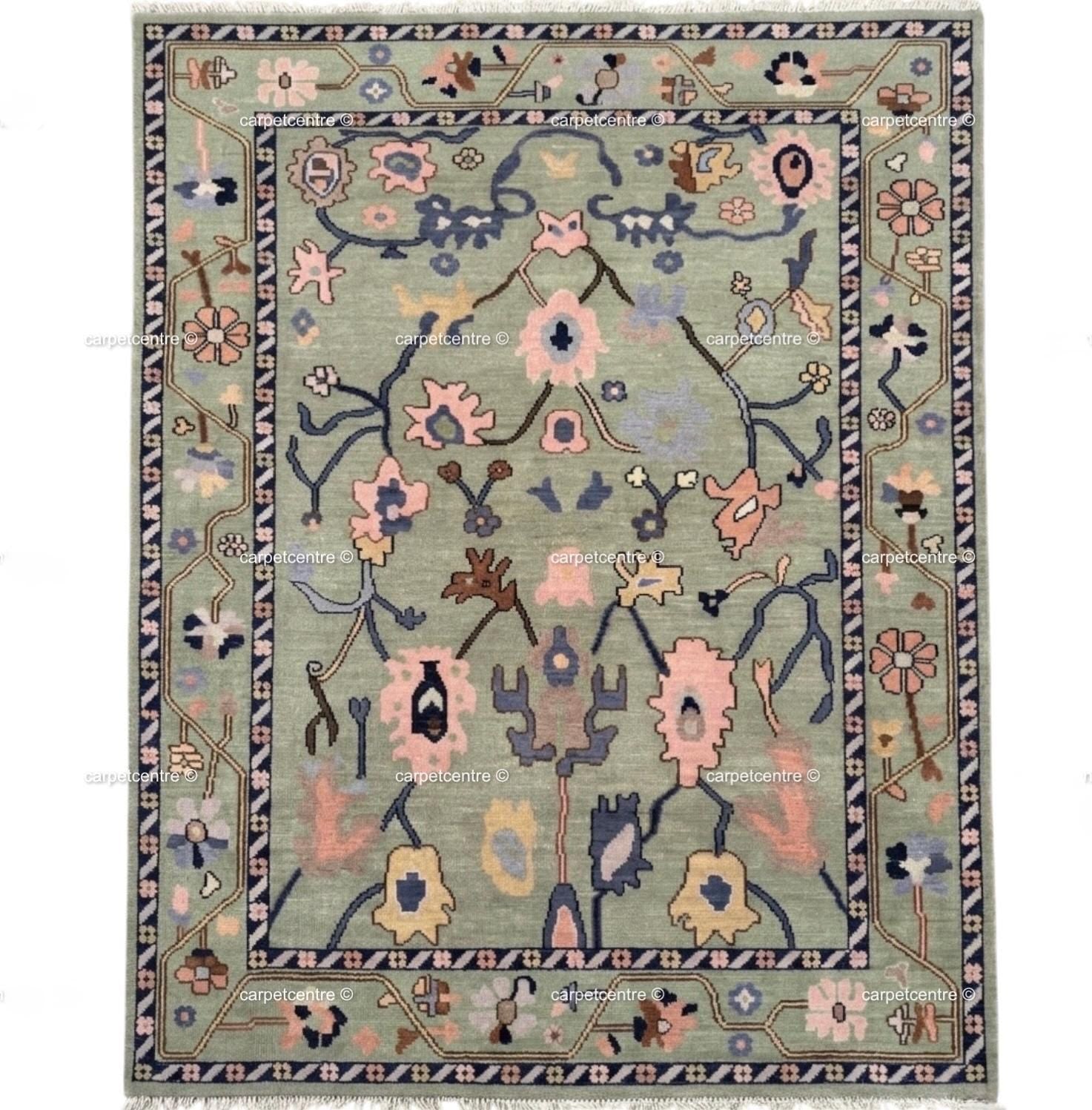 Hand Knotted Sage Green Oushak Wool Rug, Floral Botanical Area Rug