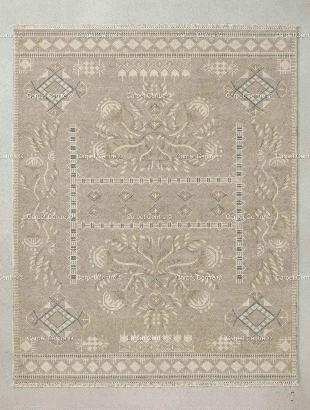 Hand Knotted Oushak Rug, Muted Taupe Geometric Wool Carpet, Boho Living Room Decor